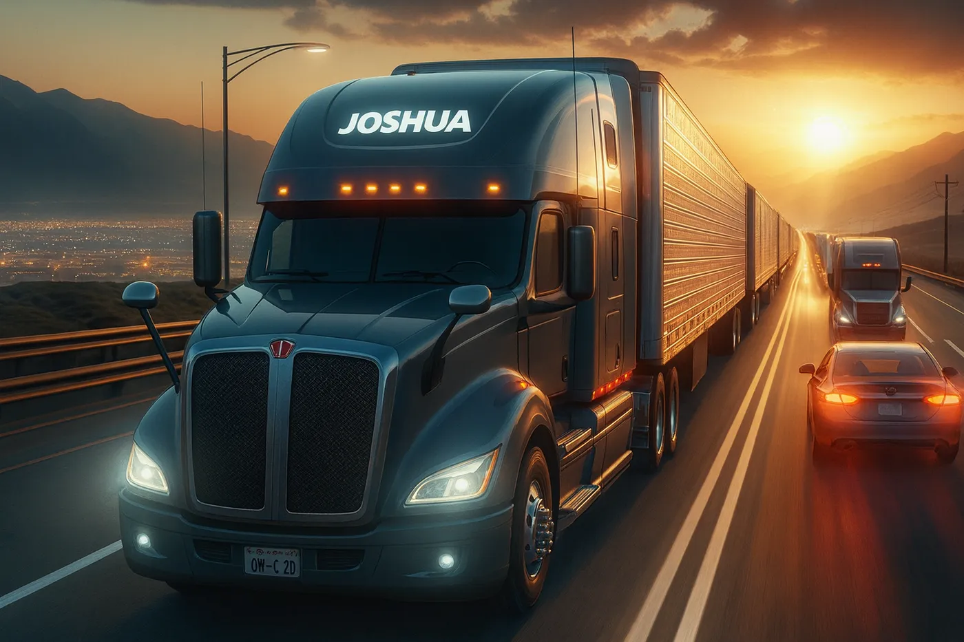 Joshua Meuzelaar truck on the highway at sunset